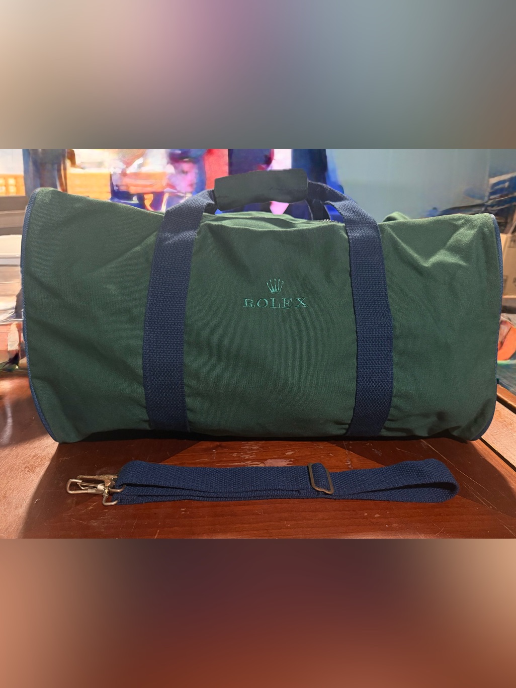 Vintage Rolex Duffle Bag Canvas Promotional Travel Gym Green W Blue Trim Strap